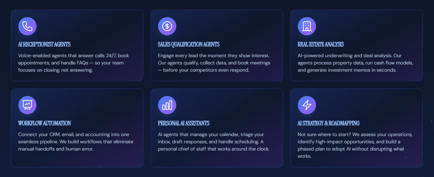 DorianAI Website Preview showing AI consulting services and agent development